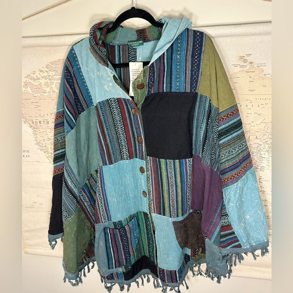Kathmandu Patchwork Hooded Oversized Hippie Cotton Cape Reworked Pullover